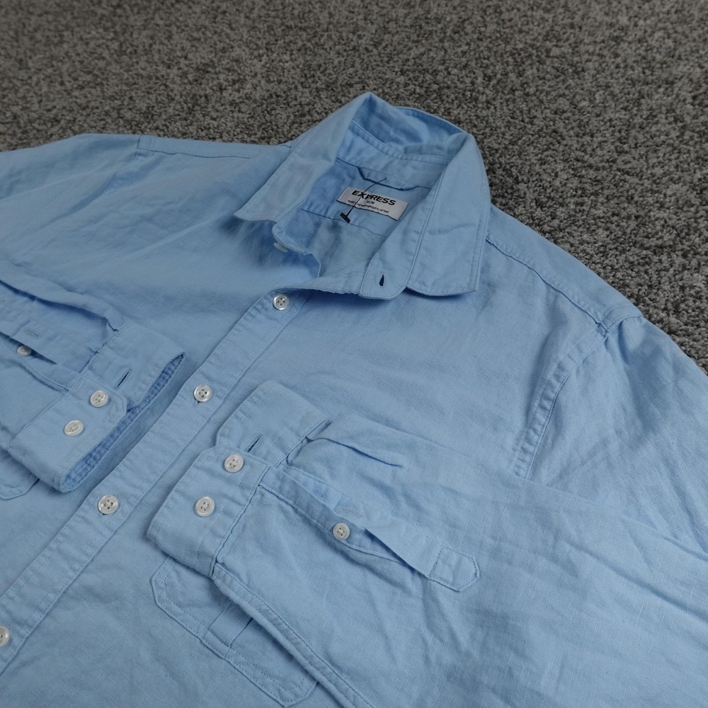 Express Shirt Mens M Blue Linen Cotton Chambray Long‎ Sleeve Button Up Casual